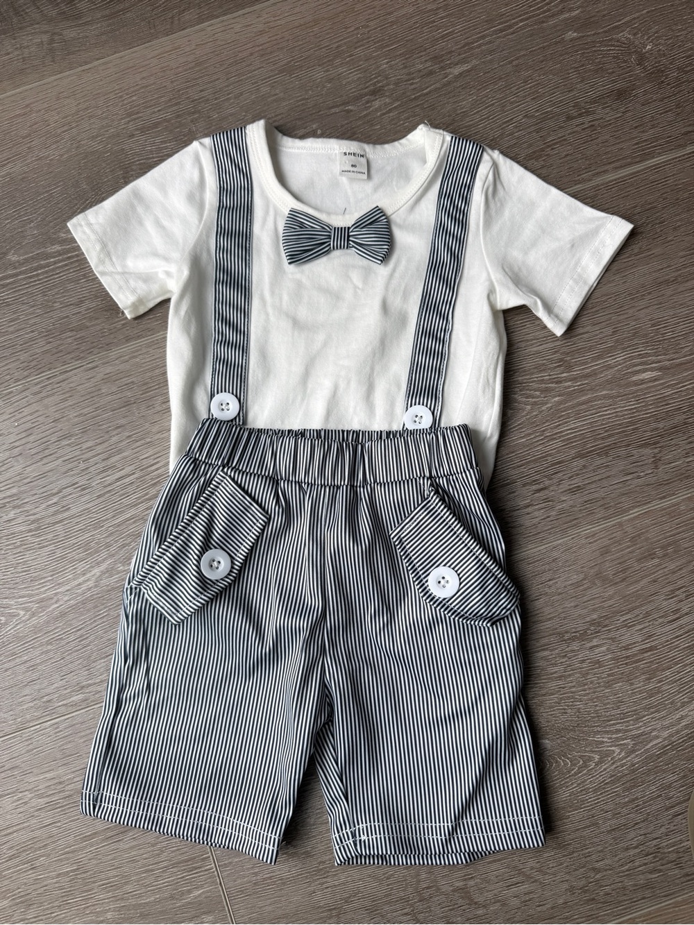Boys' White Tee with black Pinstripe Suspender Shorts and Bow